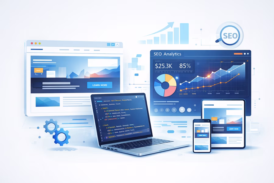 Professional website development services including responsive design custom PHP coding and SEO optimization by Devmixa